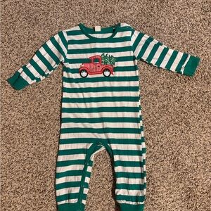 Green and White Striped Kids One Piece with Truck Design